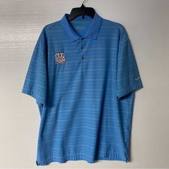 Nike Golf Shirt Men XL Blue White Striped Team A USA Vangouver 2014 Nikefit Dry